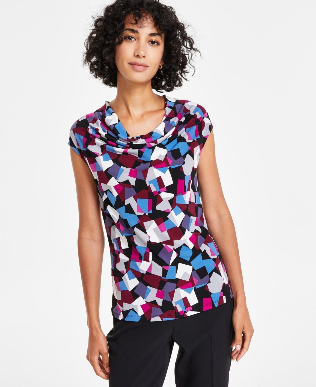 Women's Printed Cowlneck Cap-Sleeve Blouse Product Image