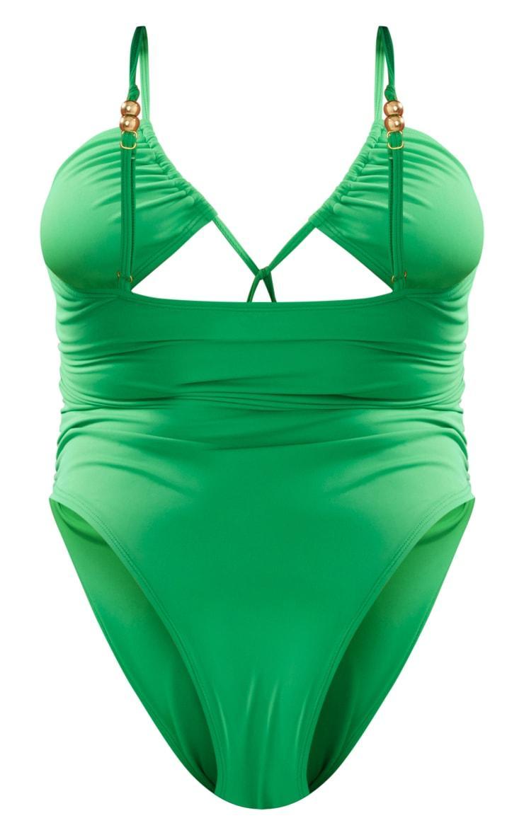 Plus Green Bead Detail Ruched Cut Out Swimsuit Product Image