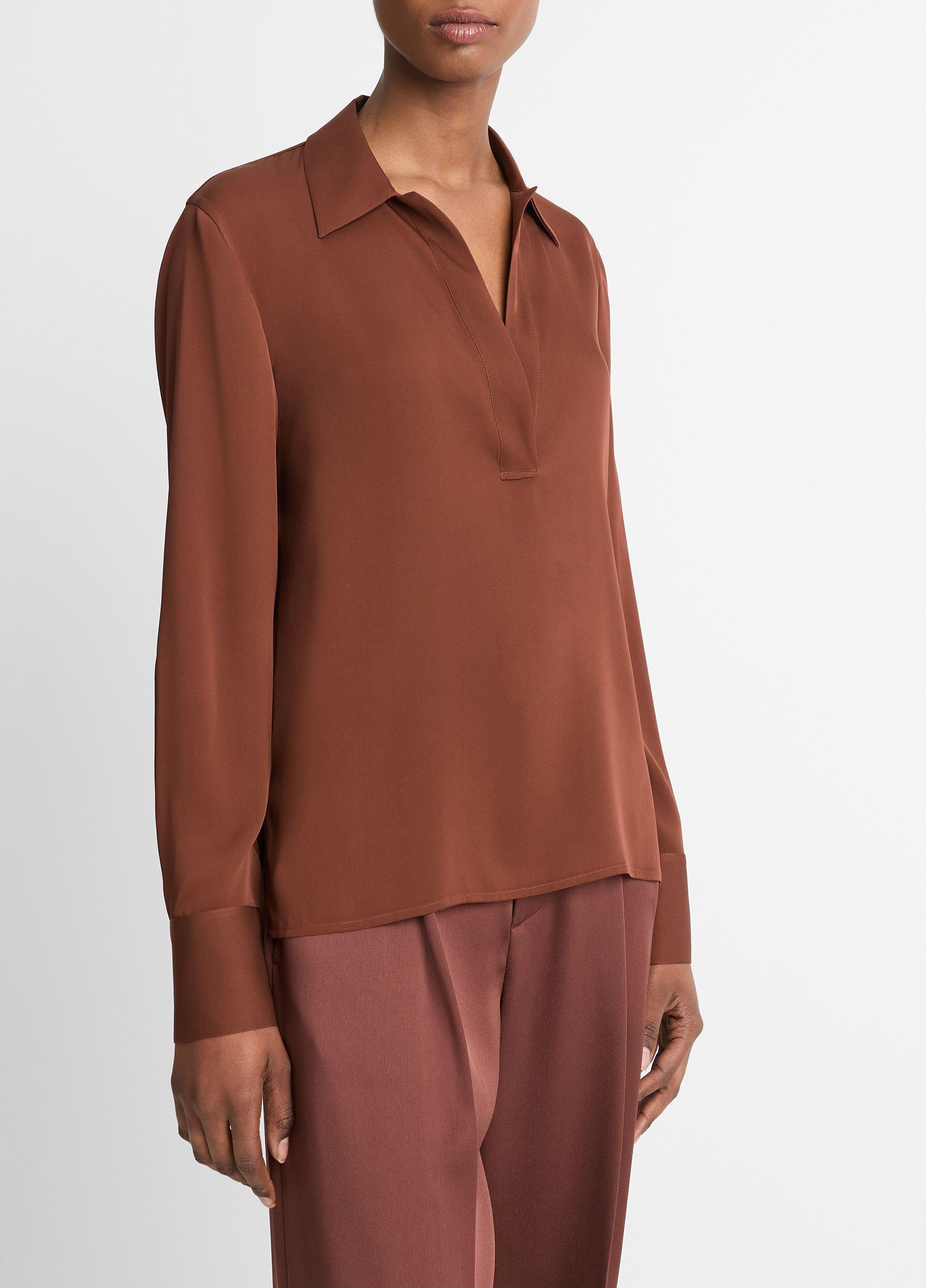 Stretch-Silk Long-Sleeve Polo Blouse Product Image