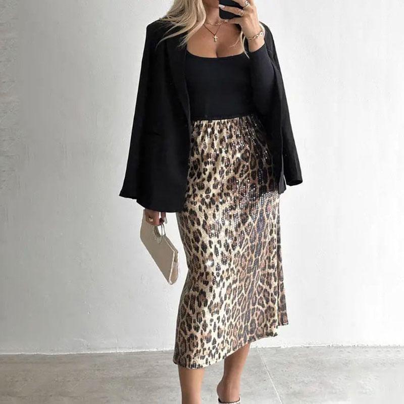 High Waist Leopard Print Sequin Midi Pencil Skirt Product Image