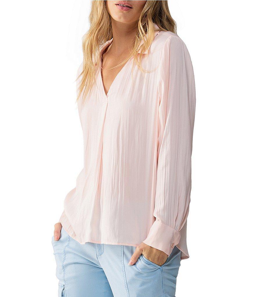 Sanctuary Crinkle Satin Point Collar V-Neck Long Sleeve Button Cuff Top Product Image