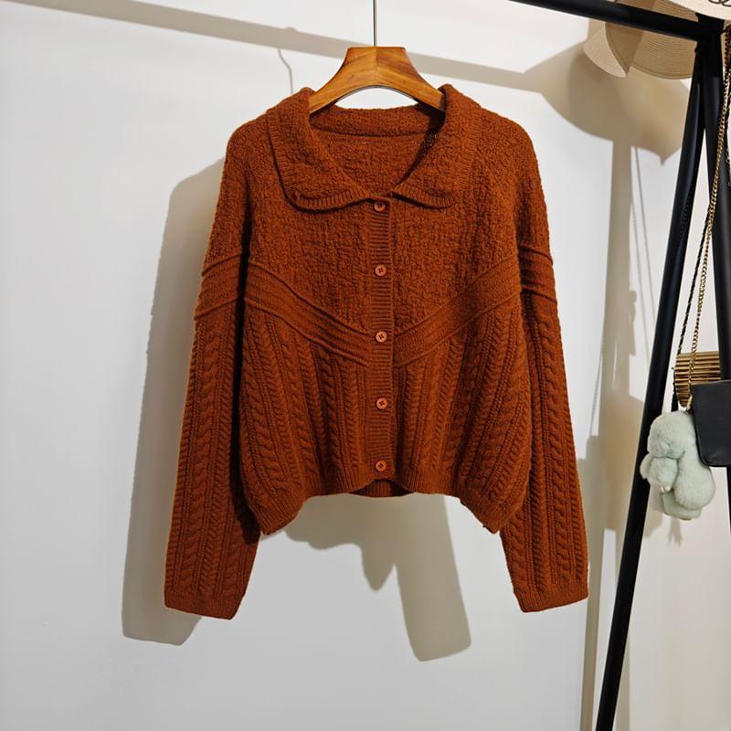 Collared Plain Cable Knit Crop Cardigan product image