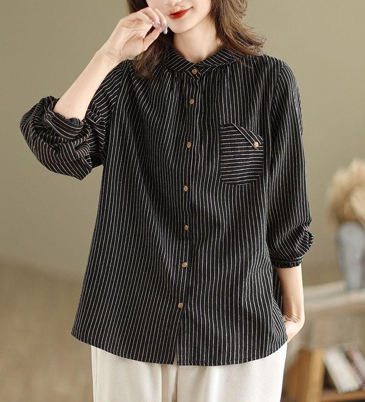 Long-Sleeve Collared Striped Blouse Product Image