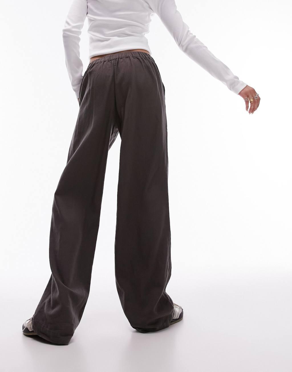 Topshop linen low rise draw cord waist straight leg pants in charcoal Product Image