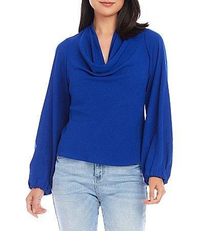 Karen Kane Solid Heavy Moss Cowl Neck Pleated Back Blouson Sleeve Blouse Product Image