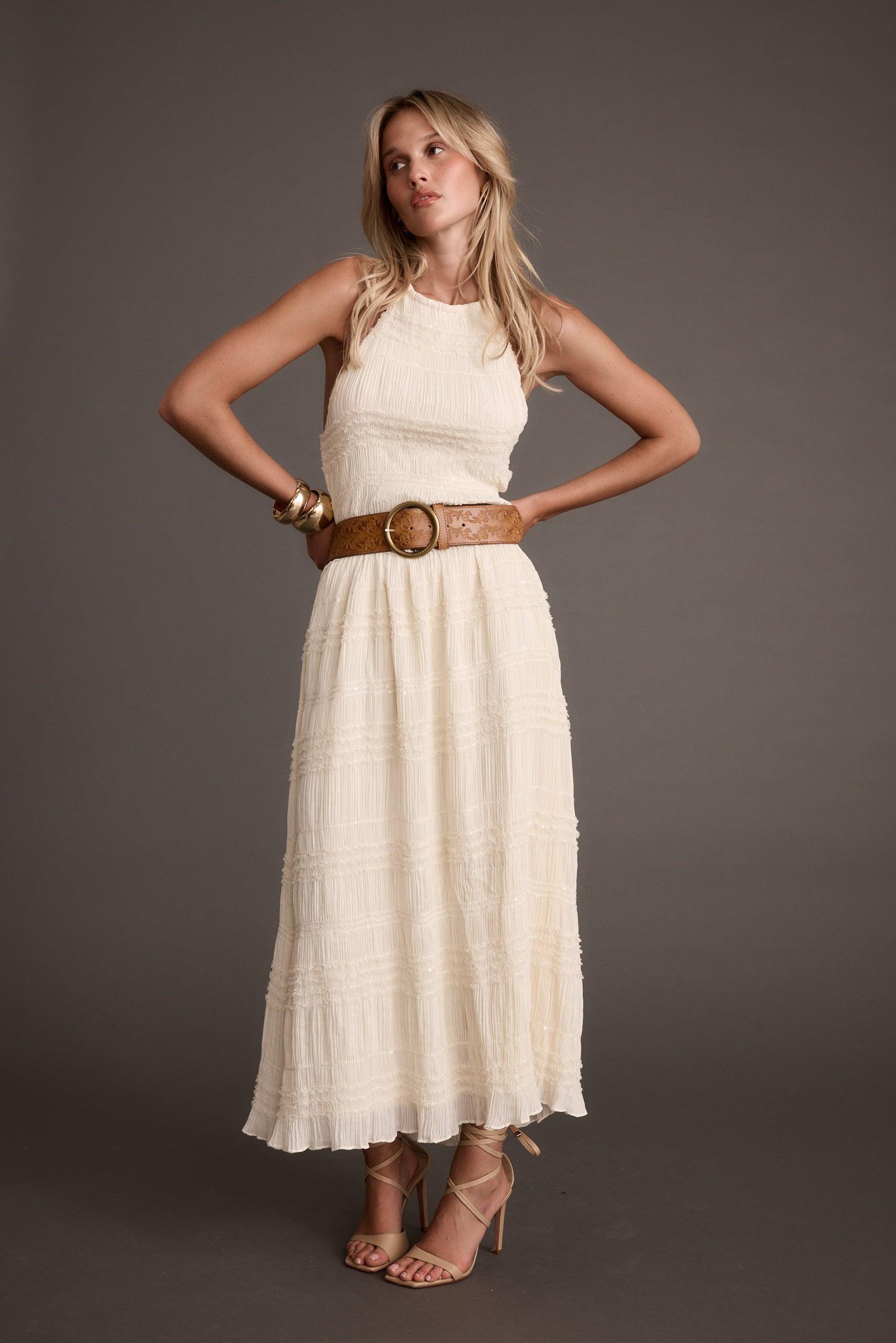 Quinn Ivory High Neck Shimmer Chiffon Maxi Dress Product Image