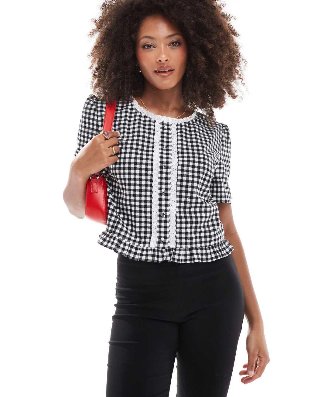 ASOS DESIGN button through trim detail blouse in black gingham product image