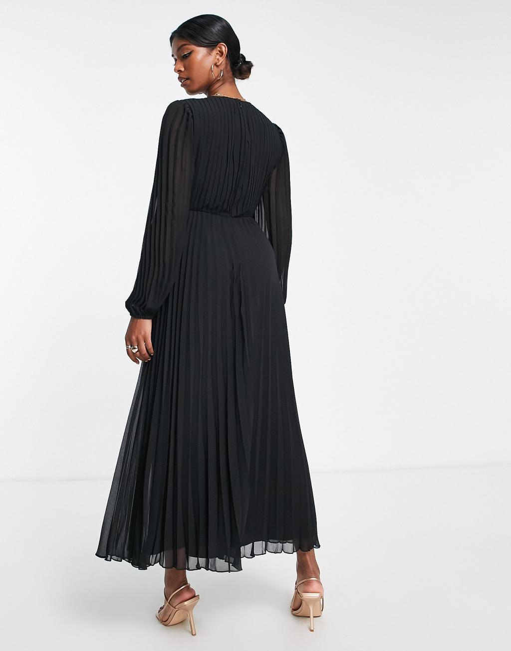 ASOS DESIGN pleated bodice plunge neck midi dress in black Product Image