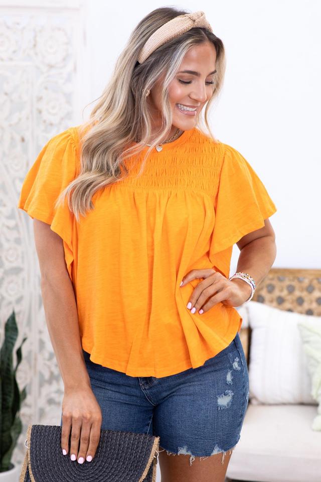 Orange Smocking Detail Flutter Sleeve Knit Top Product Image