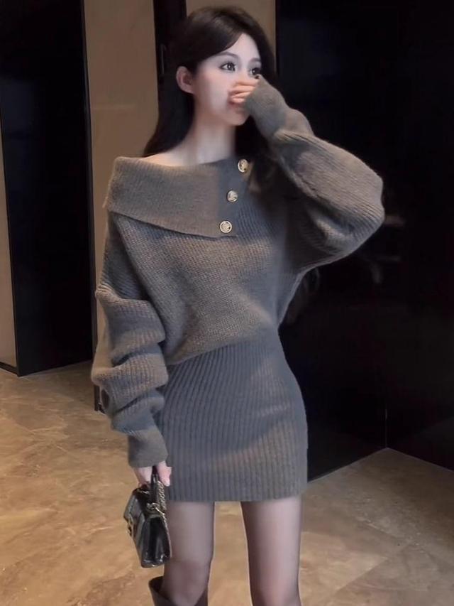 Long Sleeve Off Shoulder Plain Button Mini Sheath Sweater Dress Product Image