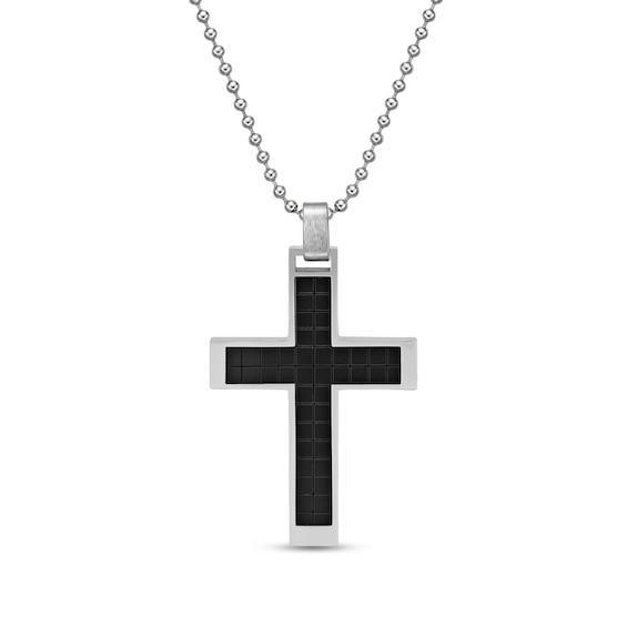 Men's Cross Pendant in Stainless Steel and Black Ion Plate - 22" Product Image