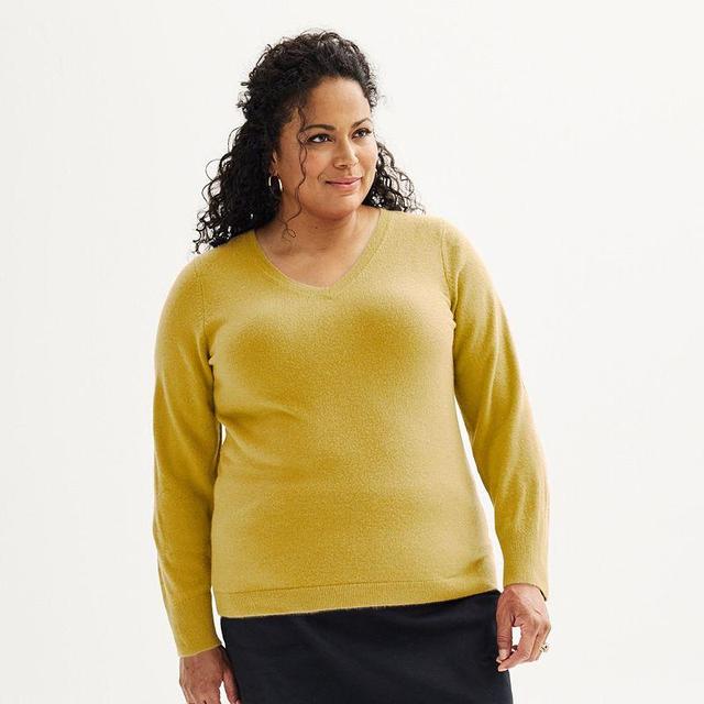 Plus Size Croft & Barrow Extra Soft V-Neck Sweater, Womens Mustard Grey Product Image