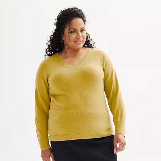 Plus Size Croft & Barrow Extra Soft V-Neck Sweater, Womens Mustard Grey Product Image