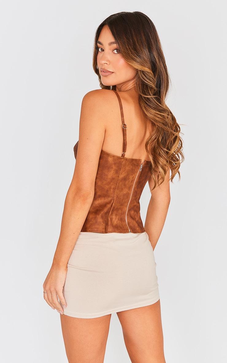 Brown Washed Faux Leather Boned Bust Detail Corset Product Image