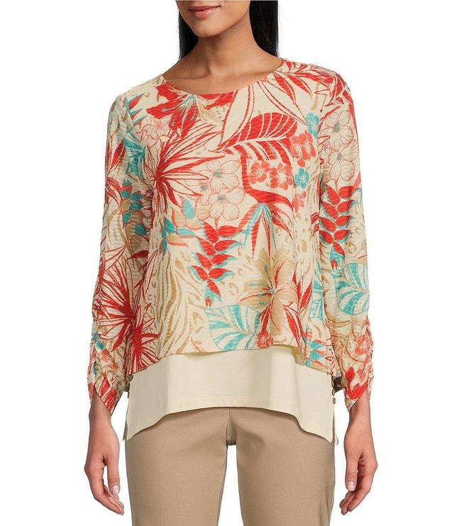 Multiples Floral Scoop Neck Long Sleeve Mesh Knit Layered Top Product Image