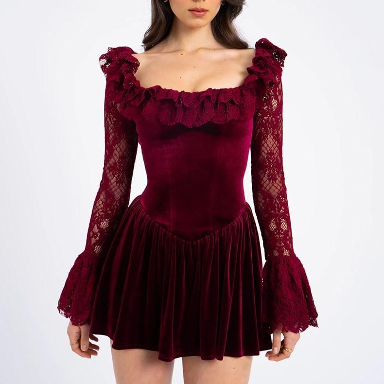 Flare-Sleeve Square Neck Lace Mini A-Line Dress Product Image