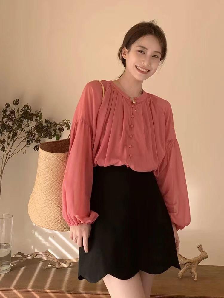 Puff-Sleeve Crewneck Chiffon Plain Blouse Product Image