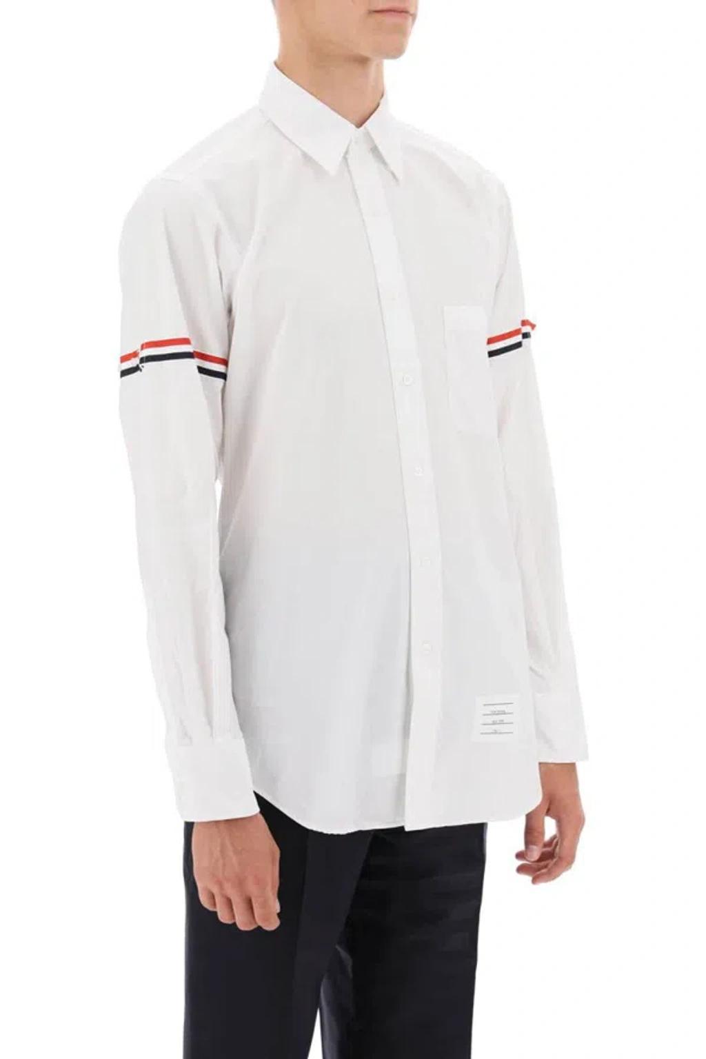 THOM BROWNE Button-down Collar Grosgrain-trimmed Cotton-poplin Shirt In White Product Image