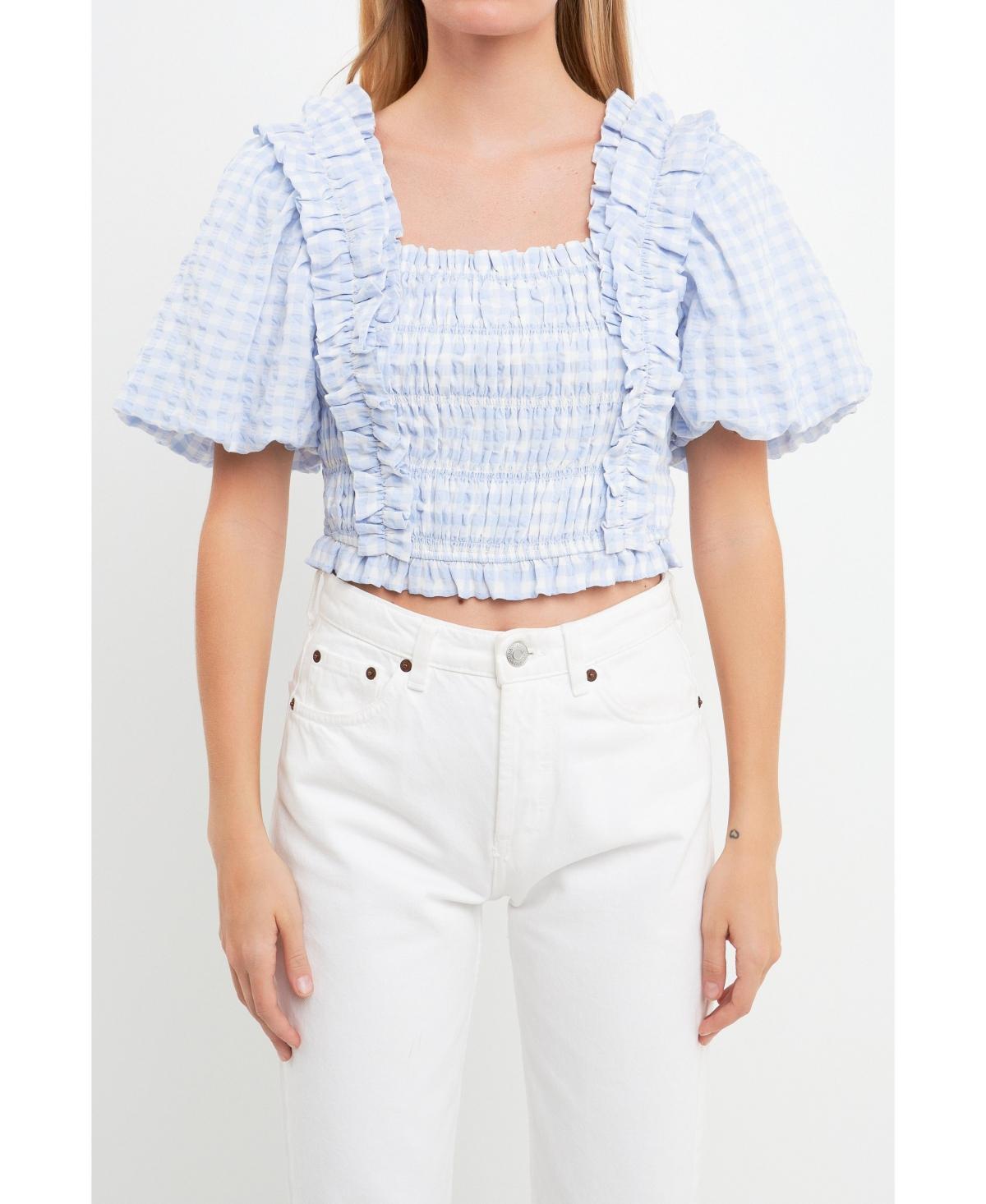 English Factory Womens Gingham Smocked Puff Sleeve Top product image