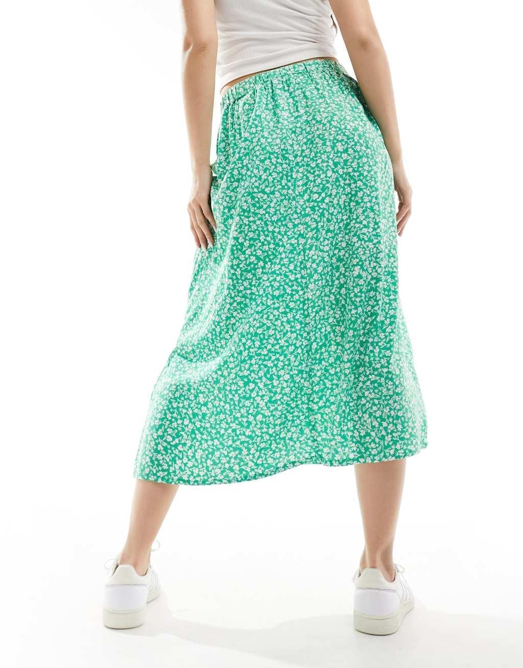 Monki midi skirt in green meadow floral Product Image