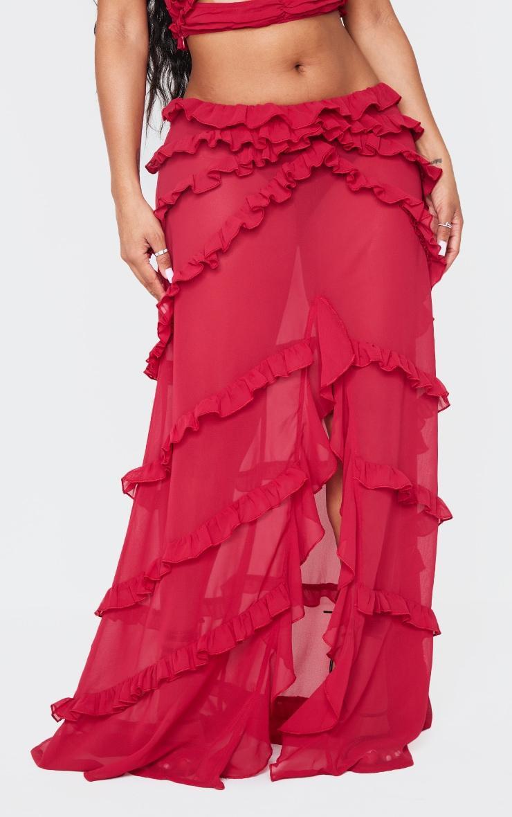 Shape Red Low Rise Frill Detail Front Split Maxi Skirt Product Image