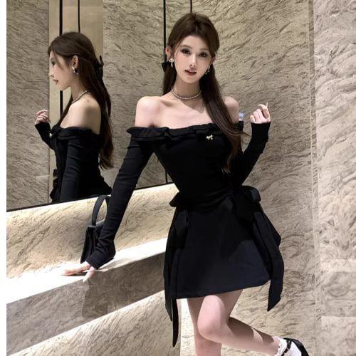 Long-Sleeve Off-Shoulder Plain Ruffle Bow Mini A-Line Dress Product Image