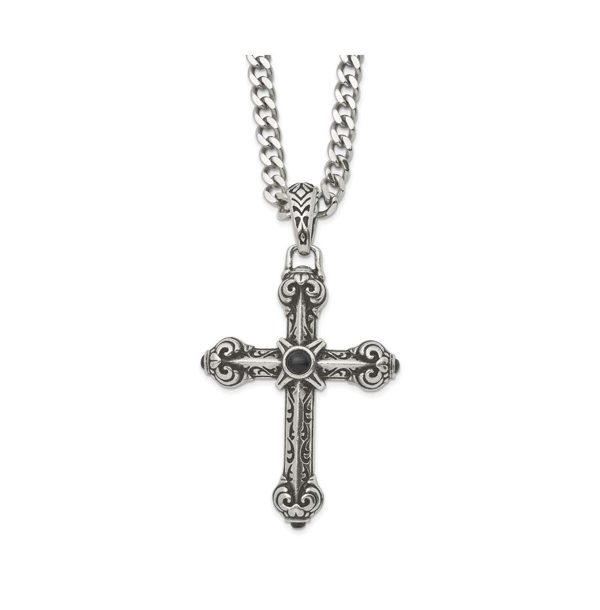 Chisel Synthetic Black Agate Cross Pendant Curb Chain Necklace Product Image