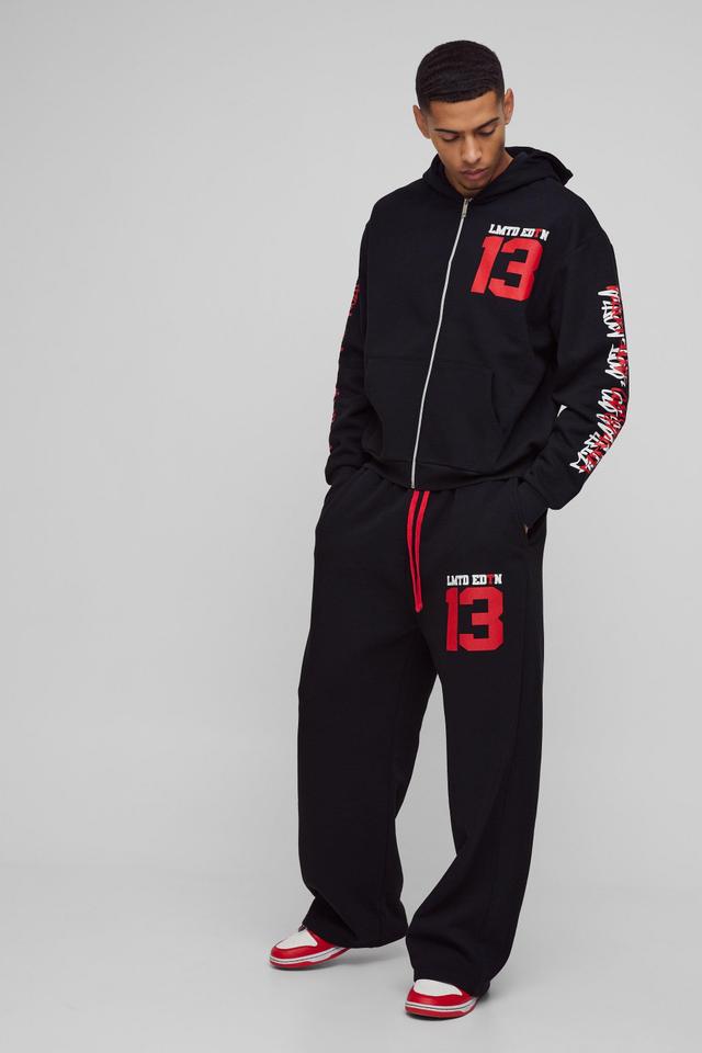 Oversized Boxy Limited Varsity Graffiti Zip Through Hooded Tracksuit | boohooMAN USA Product Image