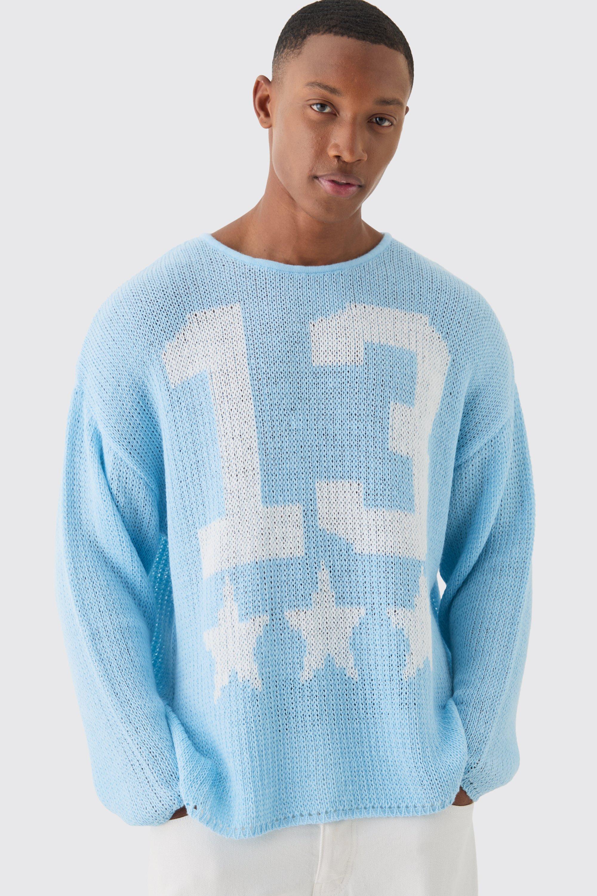 Mens Oversized Boxy Jacquard Varsity Open Stitch Jumper In Light Blue, Blue Product Image