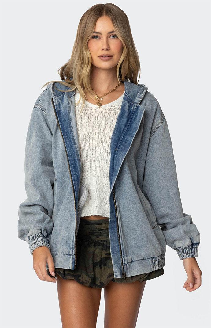 Edikted Womens Hooded Vintage Washed Denim Bomber Jacket Product Image