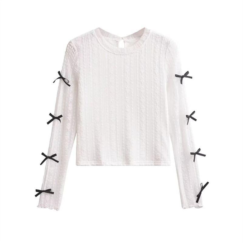 Long Sleeve Round Neck Bow Cutout Lace Top Product Image