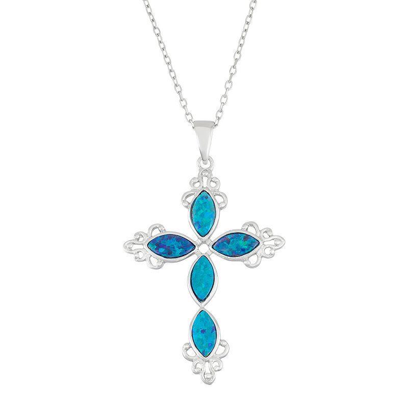 Sterling Silver Lab-Created Blue Opal Cross Pendant Necklace, Womens Product Image