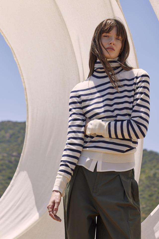 Carrie Turtleneck Cashmere Sweater - Ivory and Navy Blue Stripe Product Image