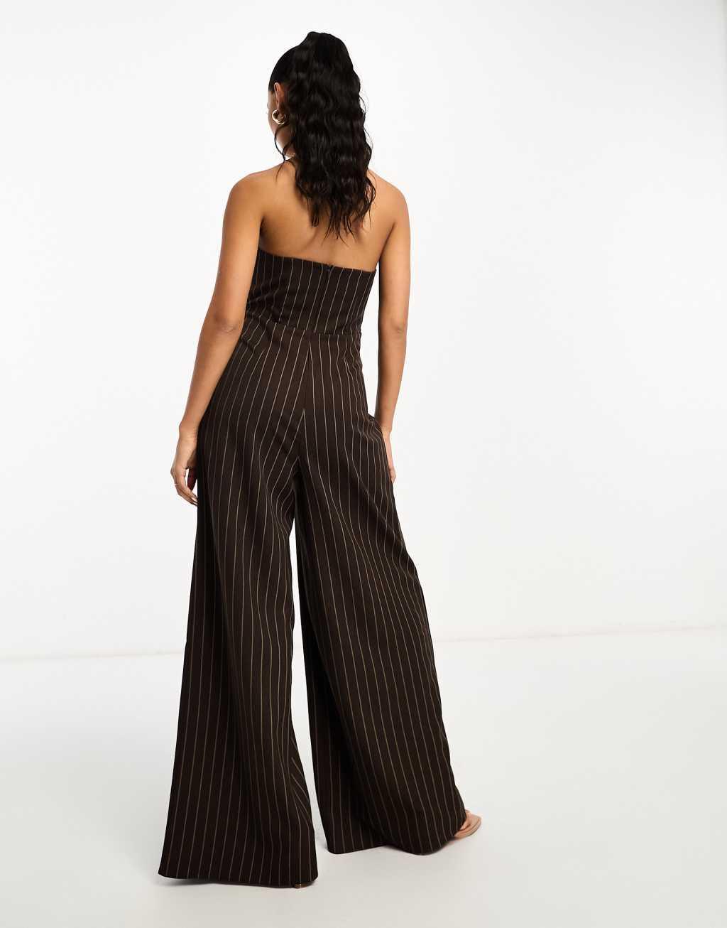 ASOS DESIGN bandeau jumpsuit in chocolate pinstripe Product Image