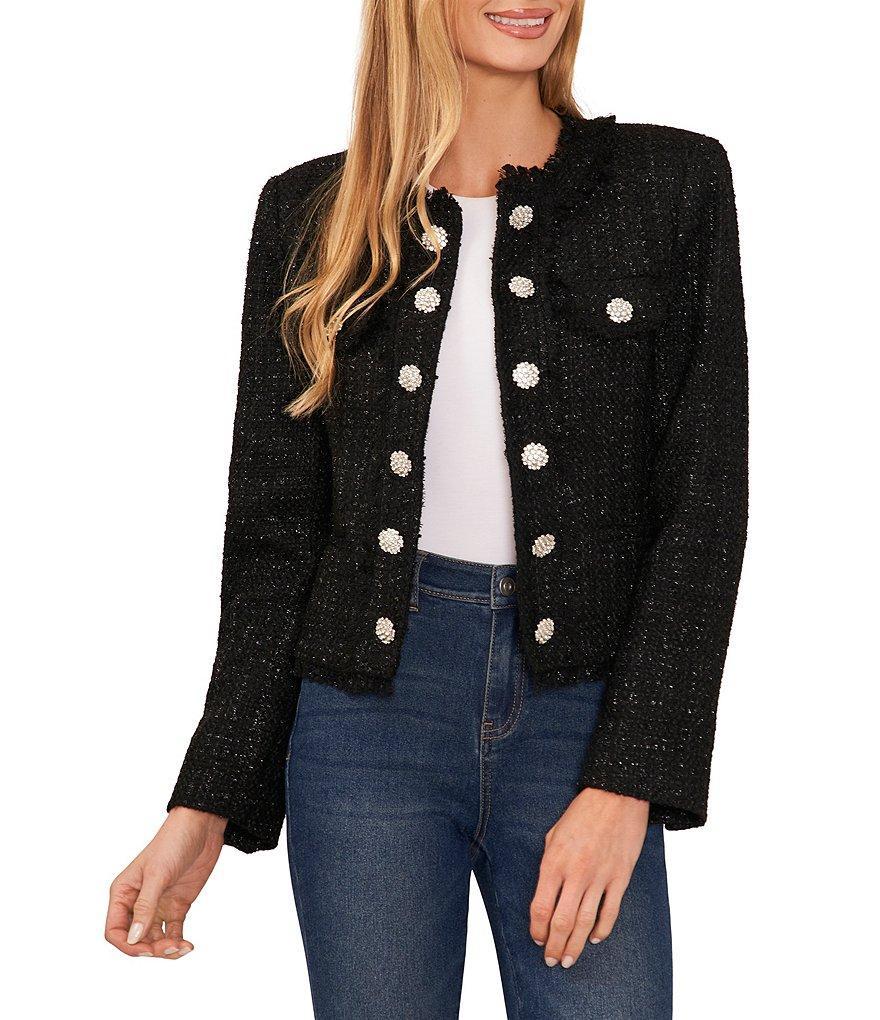 CeCe Metallic Tweed Crew Neck Long Sleeve Rhinestone Button Front Coordinating Jacket product image