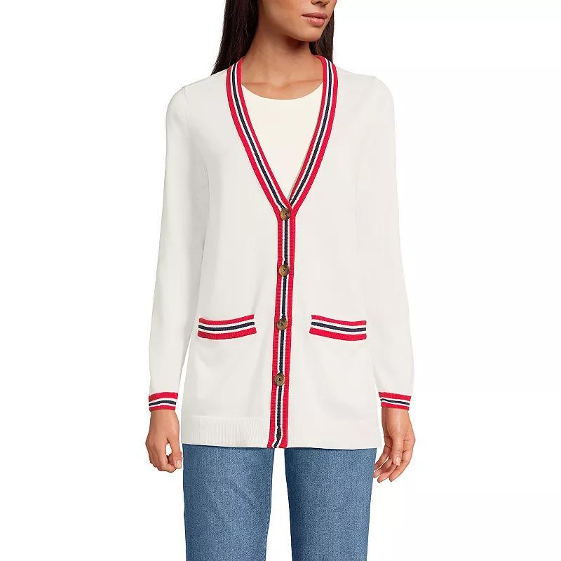 Womens Lands End Cotton V-Neck Cardigan Sweater Red Blue Tip Stripe Product Image