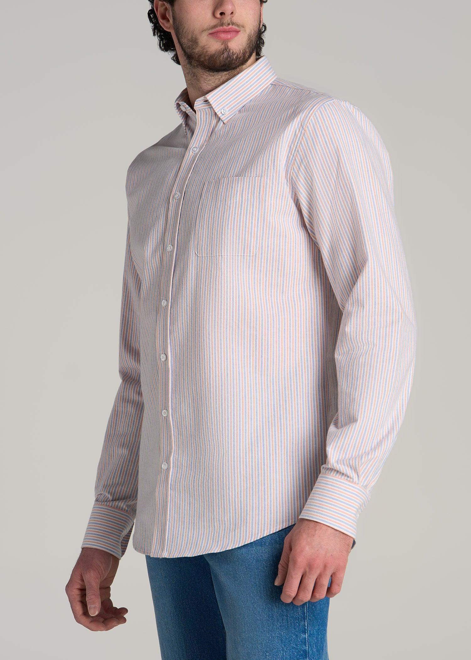 Washed Oxford Shirt for Tall Men in Apricot and Blue Multi Stripe Male Product Image