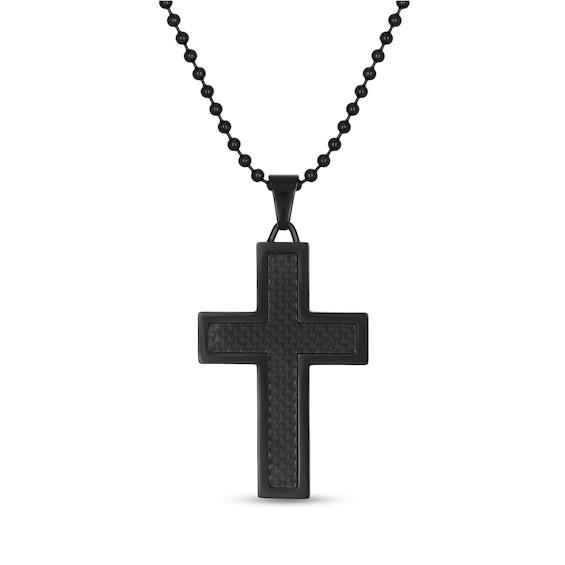 Men's Carbon Fiber Cross Pendant in Black IP Stainless Steel - 22" Product Image