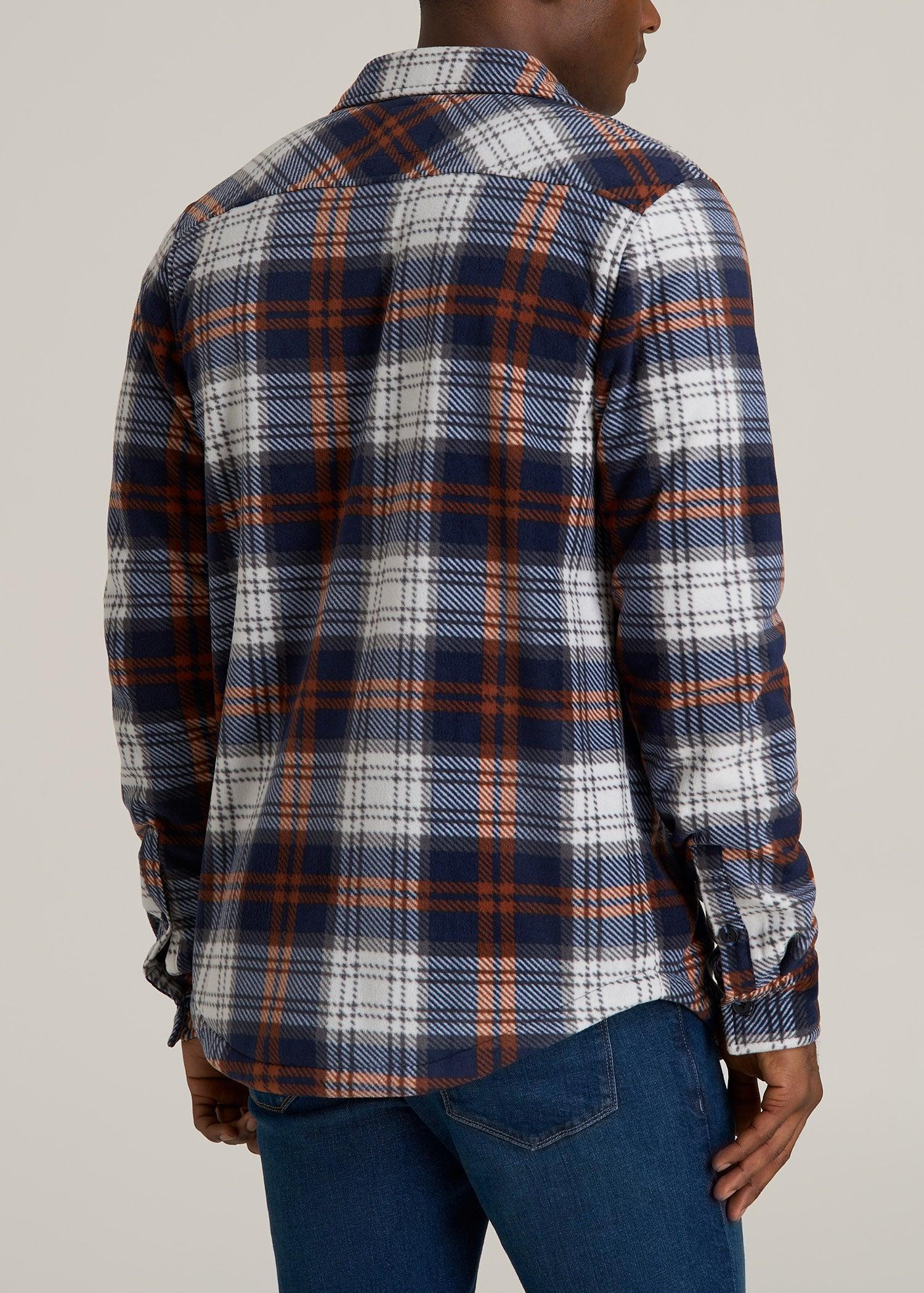 Sherpa-Lined Fleece Overshirt for Tall Men in Navy & Orange Plaid Product Image