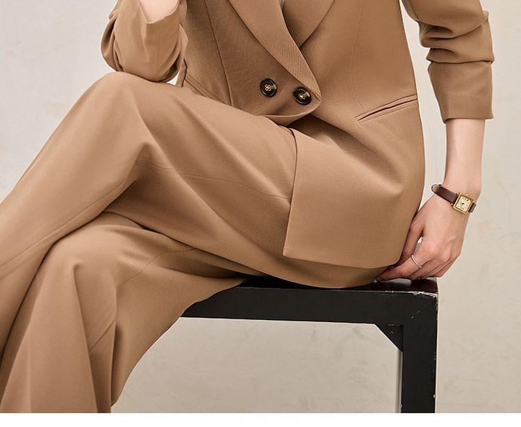 Peak Lapel Plain Double Breasted Blazer / High Rise Wide Leg Suit Pants / Set Product Image