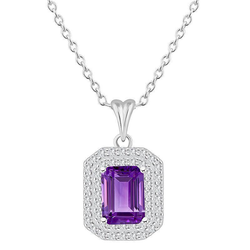 Celebration Gems Sterling Silver Emerald-Cut Amethyst & White Topaz Double Halo Pendant Necklace, Womens Purple Product Image