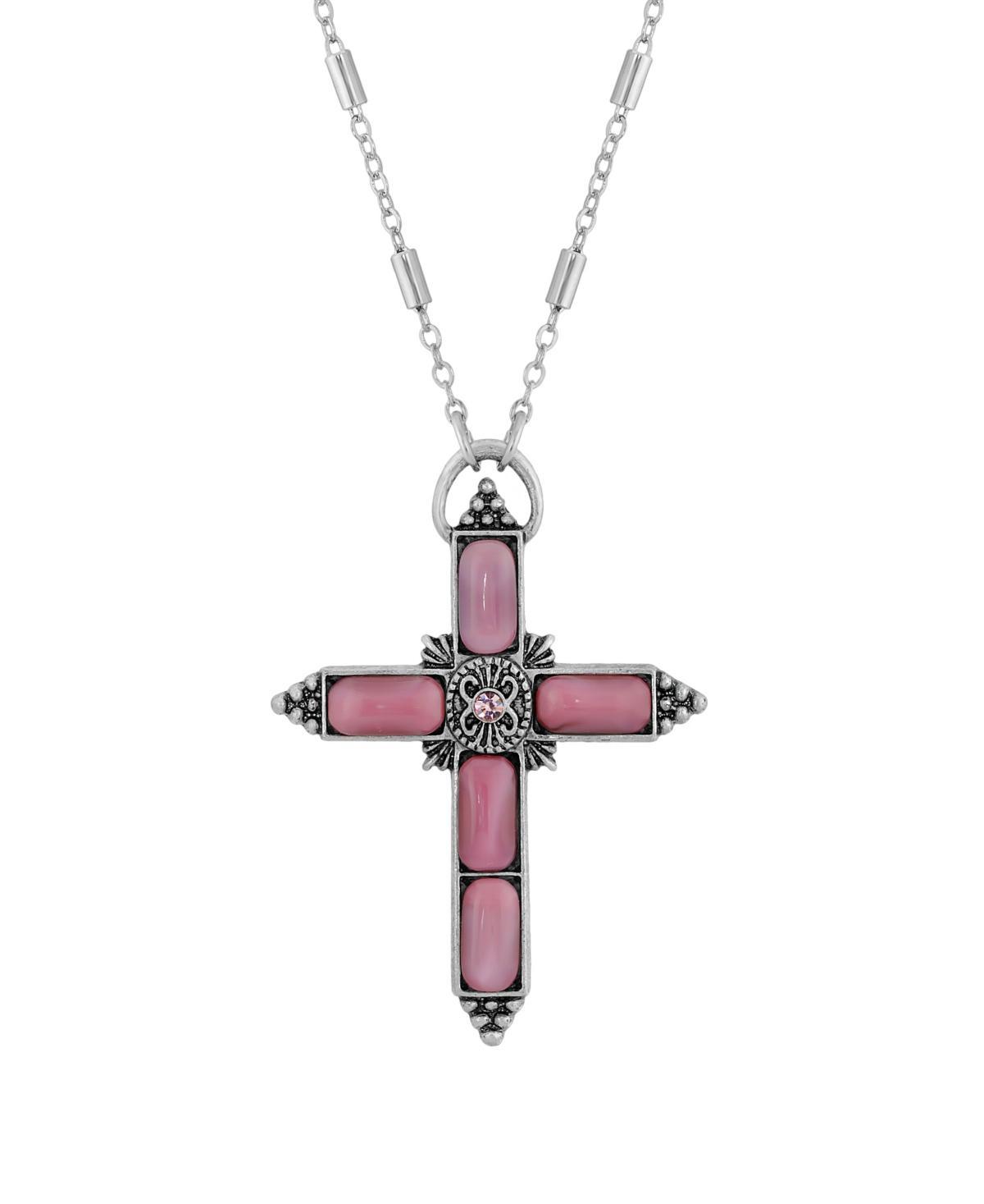 1928 Silver Tone Pink Moonstone Cross Necklace, Womens Product Image