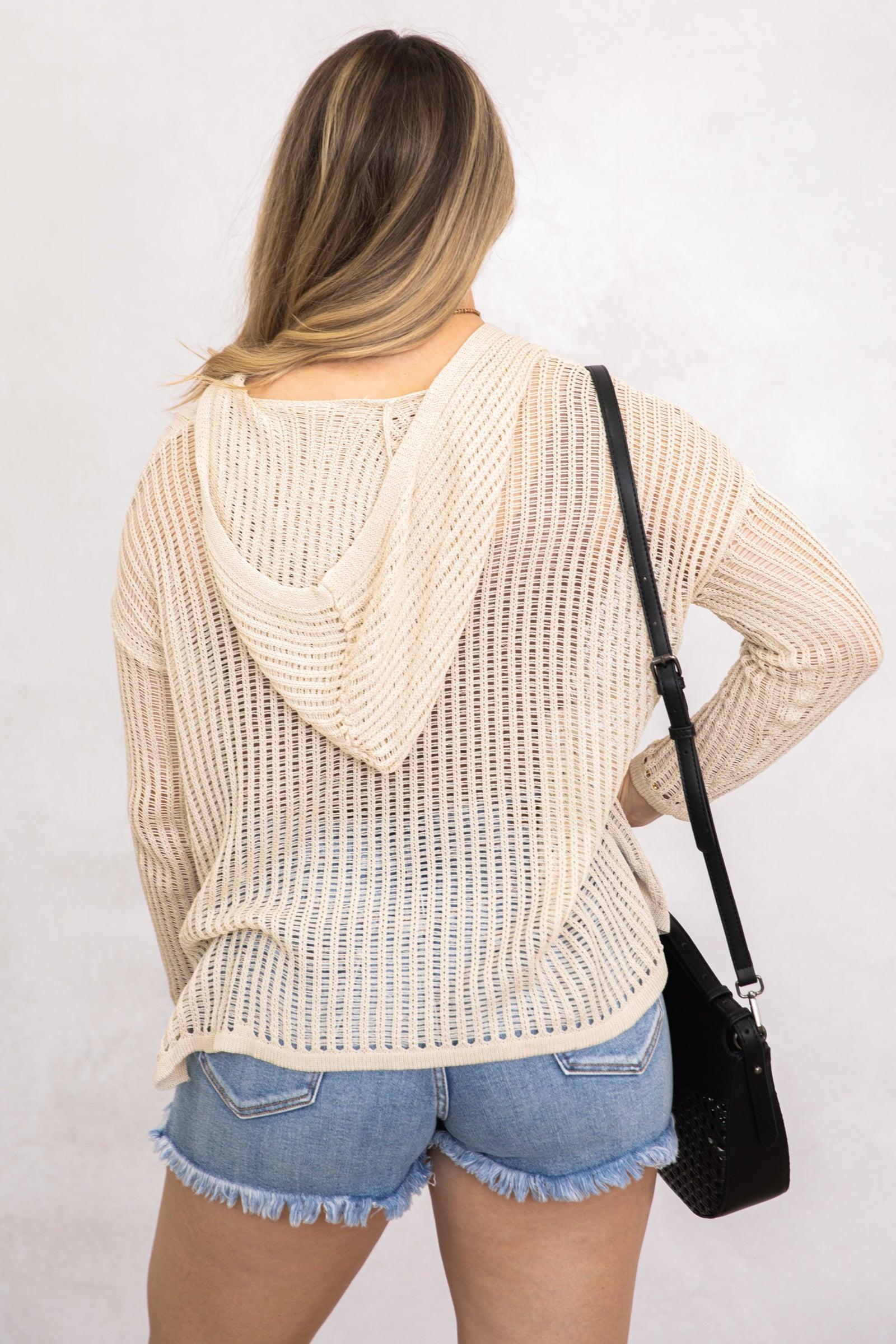 Beige Lightweight Crochet Hoodie Tunic Top Product Image