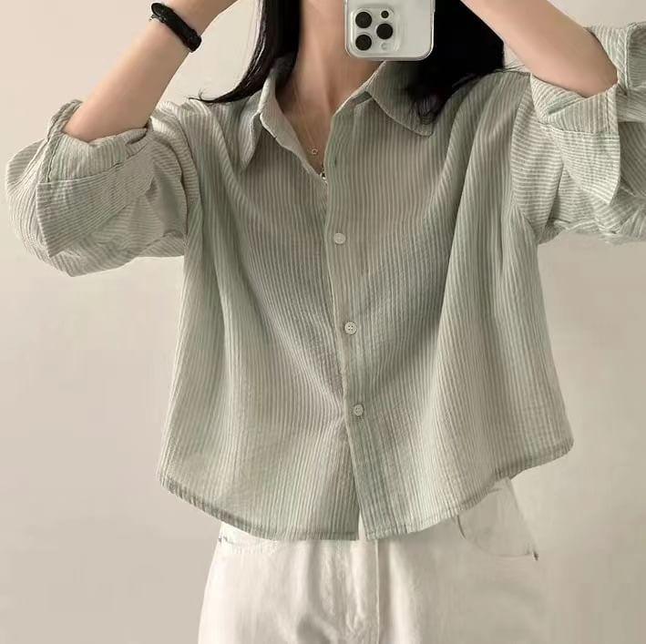 Long-Sleeve Striped Button-Up Crop Shirt Product Image