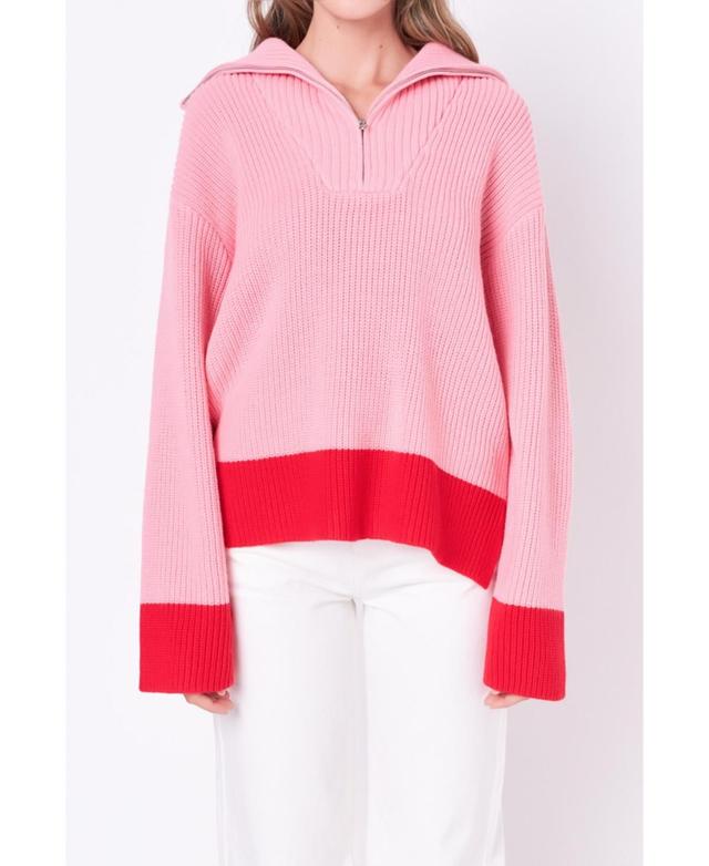 Womens Contrast Zip Pullover Sweater - Pink Product Image