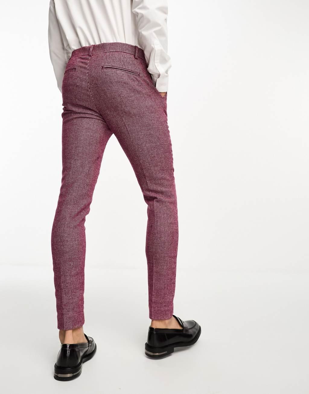 ASOS DESIGN Wedding super skinny wool mix puppytooth suit pants in burgundy Product Image