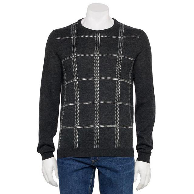 Mens Apt. 9 Merino Wool Plaid Crewneck Sweater Grey Product Image