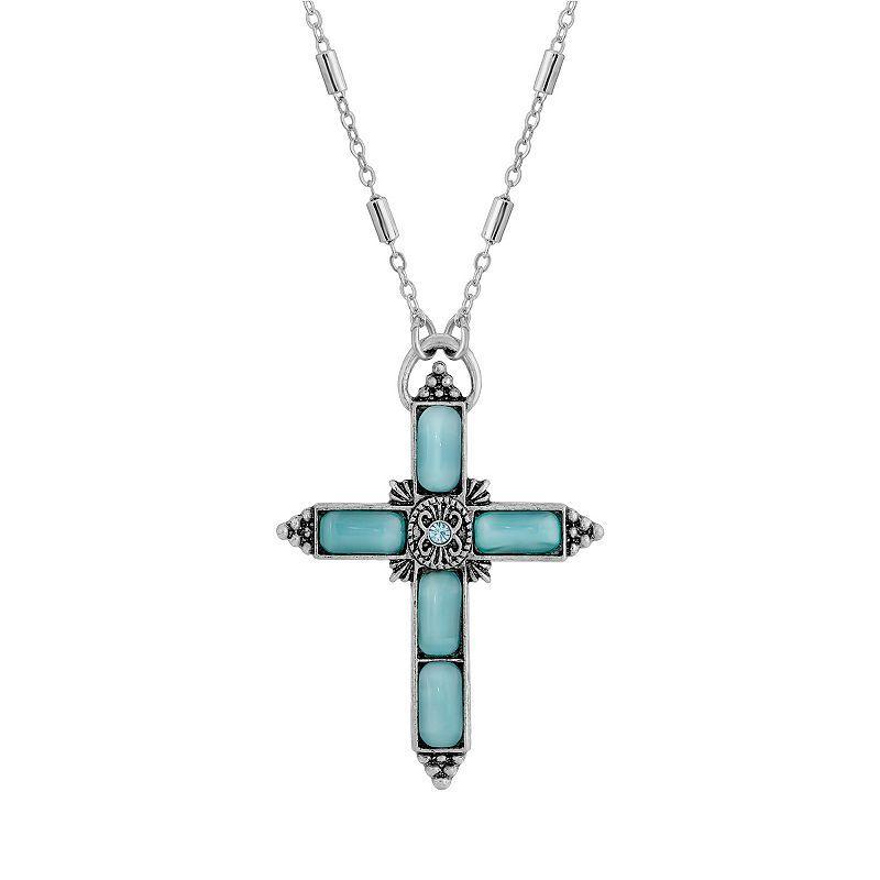 1928 Silver Tone Aqua Moonstone Cross Necklace, Womens, Blue Product Image