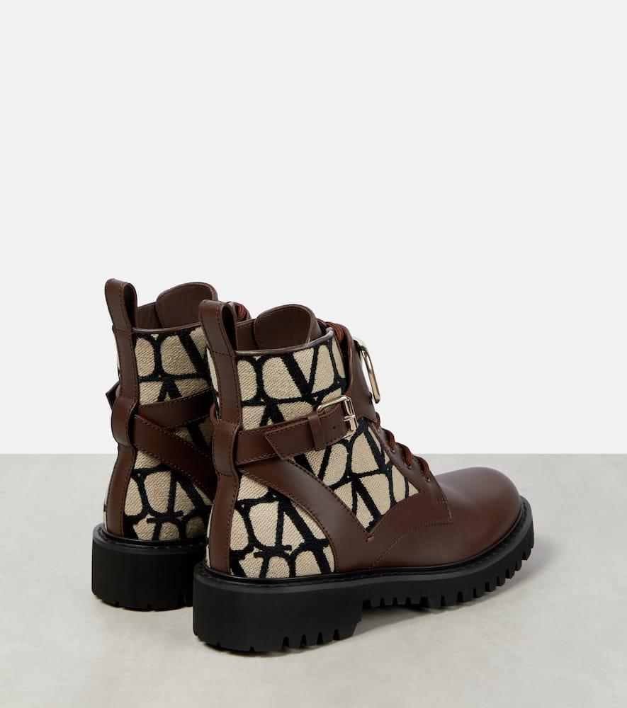 VALENTINO GARAVANI Logo-embossed Leather Combat Boots In Brown Product Image