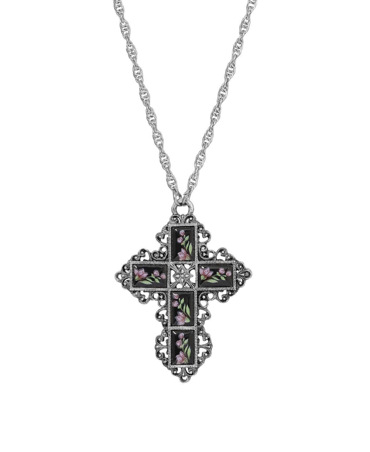 Symbols of Faith Enamel Flower Cross Pendant Necklace, Womens, White Product Image